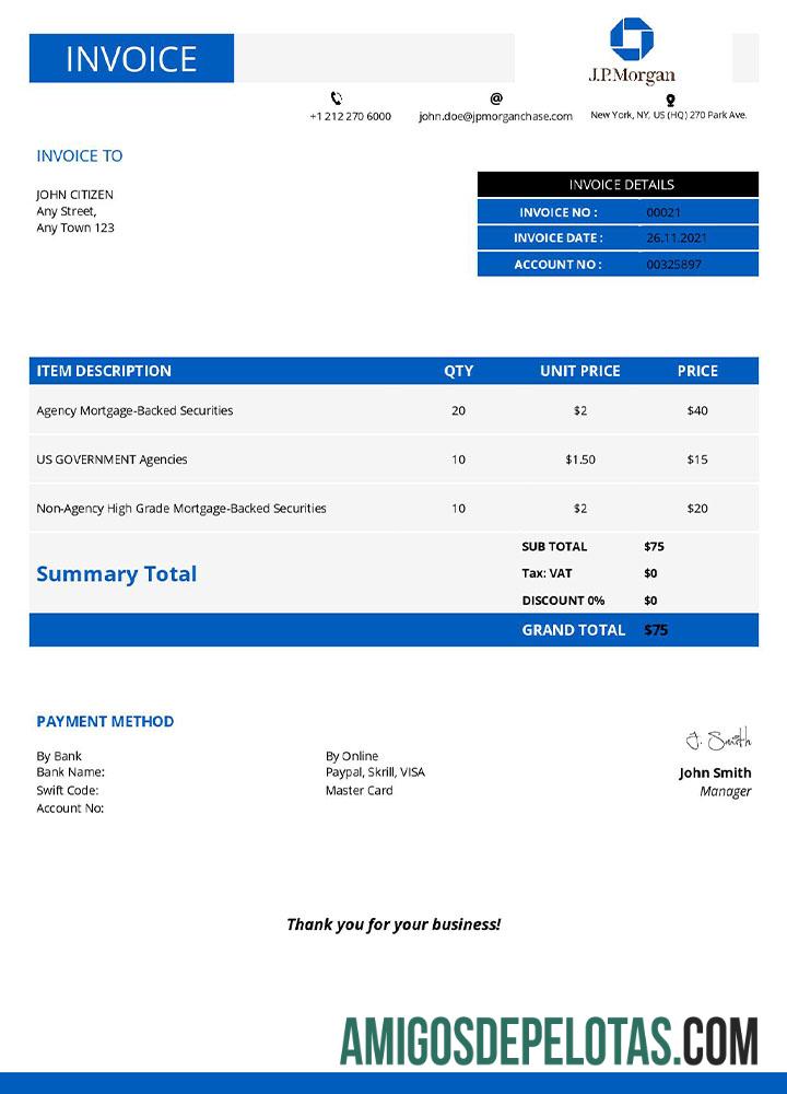 para download Modelo de fatura JP Morgan dos EUA